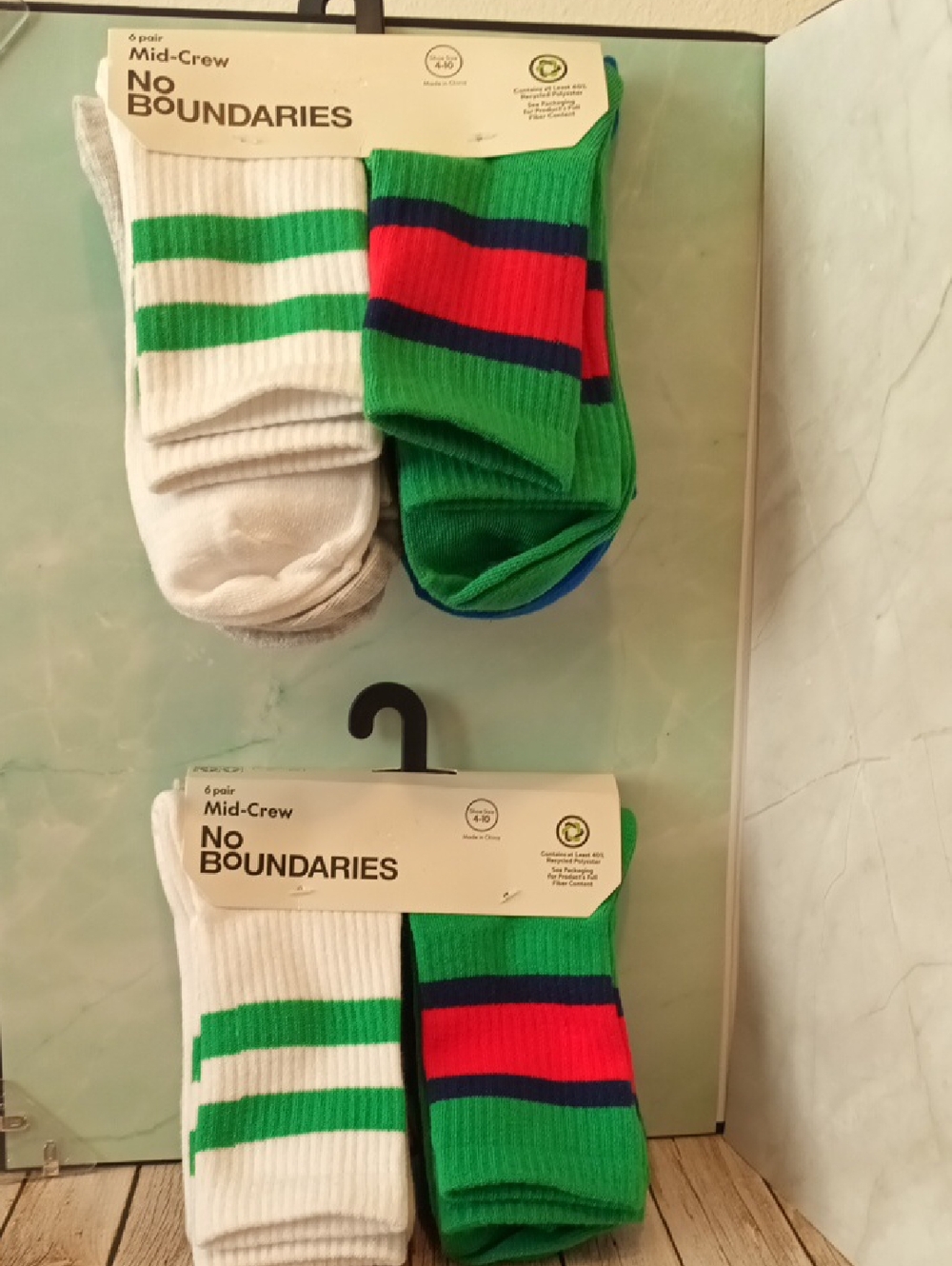 No Boundaries Kids Mid-Crew Striped Sock Pack — White, Green, Red, Blue
